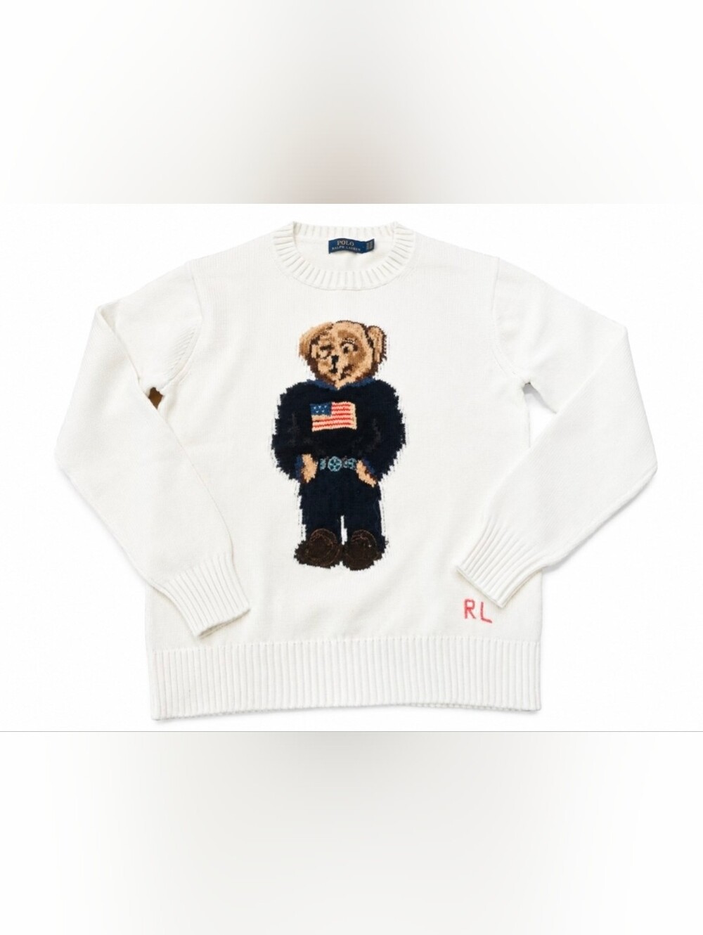 🐻 Polo Ralph Lauren Bear Sweater Men's M Ivory Flag Bear Intarsia Rare Belt RTR